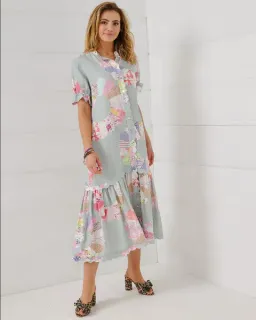 Binny Wheel of Fortune Linen Viscose Midi Dress Chambray Patchwork Print Size 16 for rent on The Volte - image 6