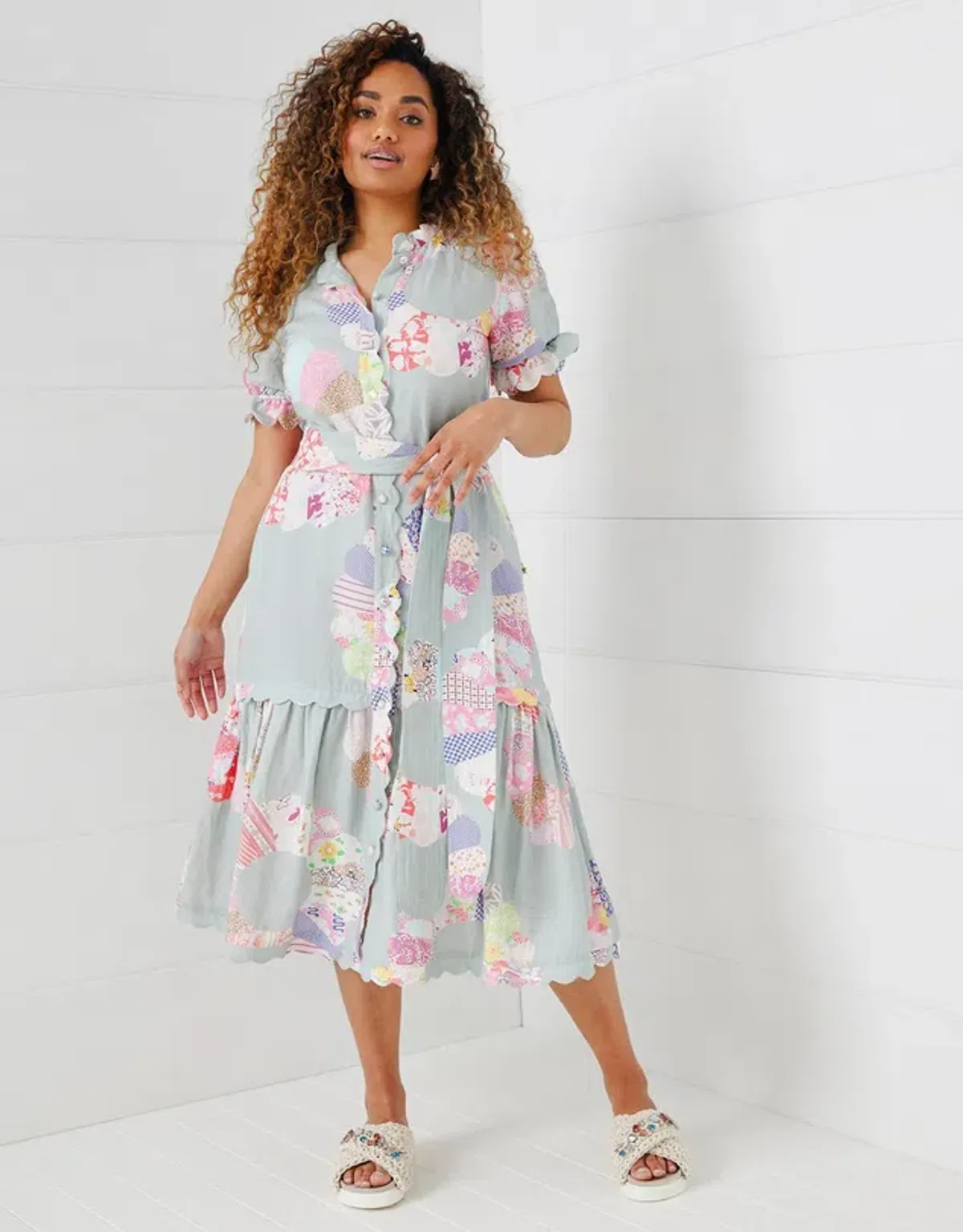 Binny Wheel of Fortune Linen Viscose Midi Dress Chambray Patchwork Print Size 16 for rent on The Volte - main image