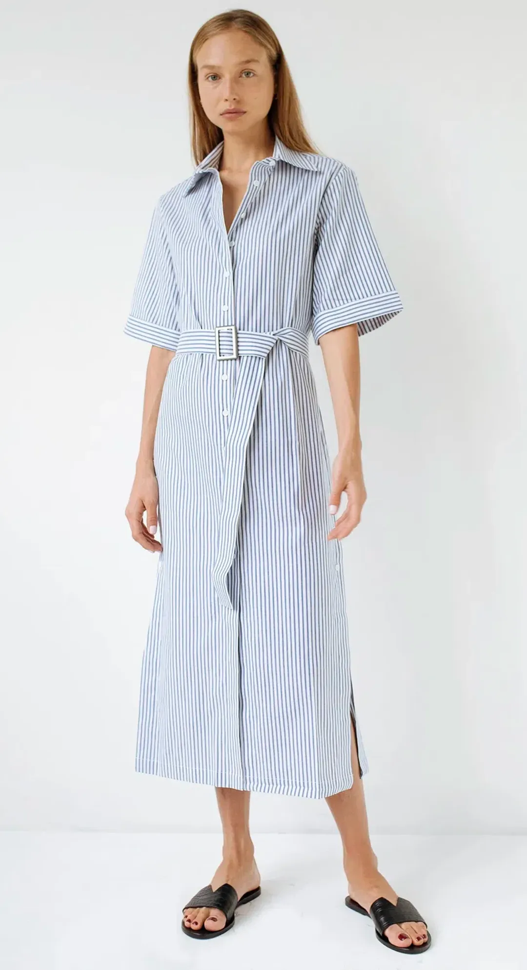 Anna Quan Zola Belted Striped Midi Dress Print Size 8 for rent on The Volte - main image