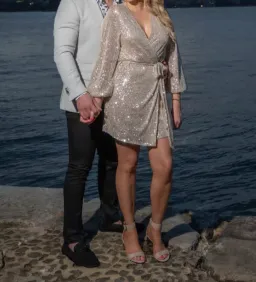 Club London In Awe Silver Sequin Wrap Long Sleeve Belted Mini Dress Size 8 for rent on The Volte - image 3