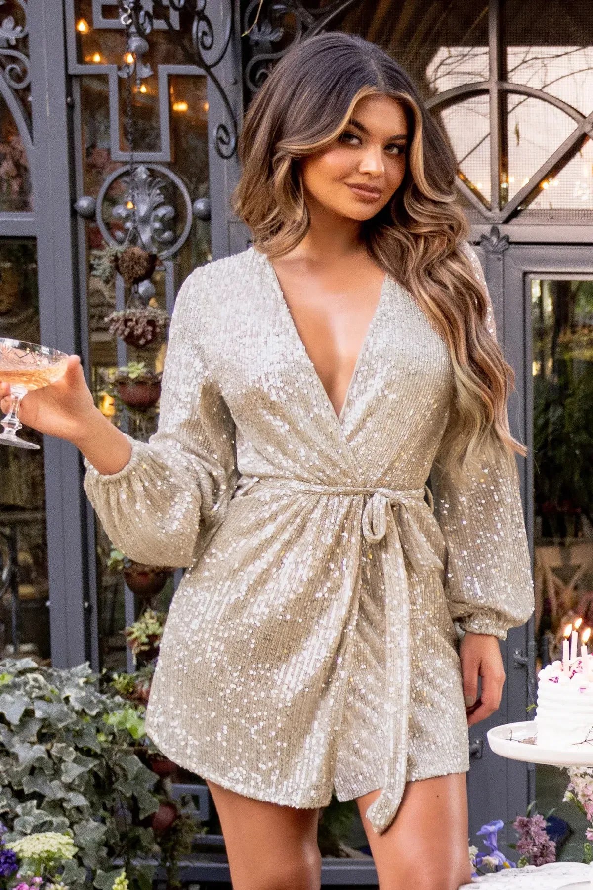 Club London In Awe Silver Sequin Wrap Long Sleeve Belted Mini Dress Size 8 for rent on The Volte - main image