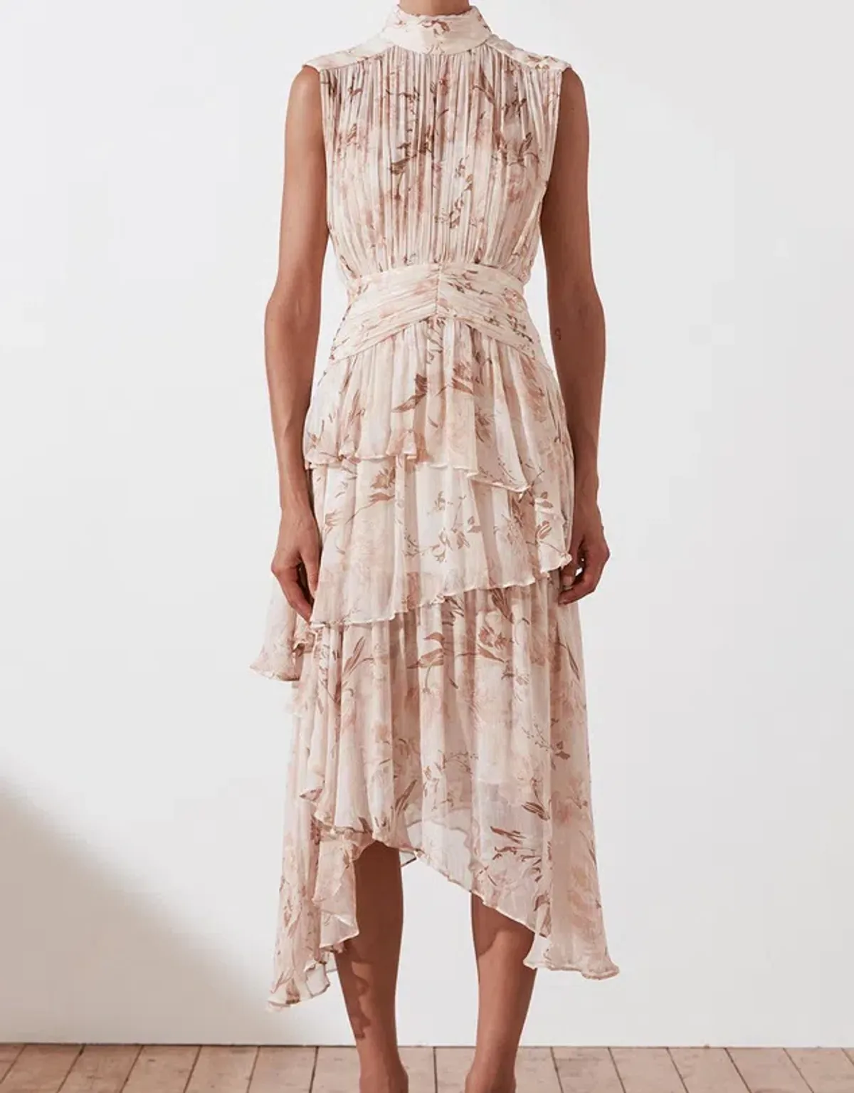 Shona Joy Nina Sleeveless Ruched Midi Dress Print Size 8 for rent on The Volte - main image