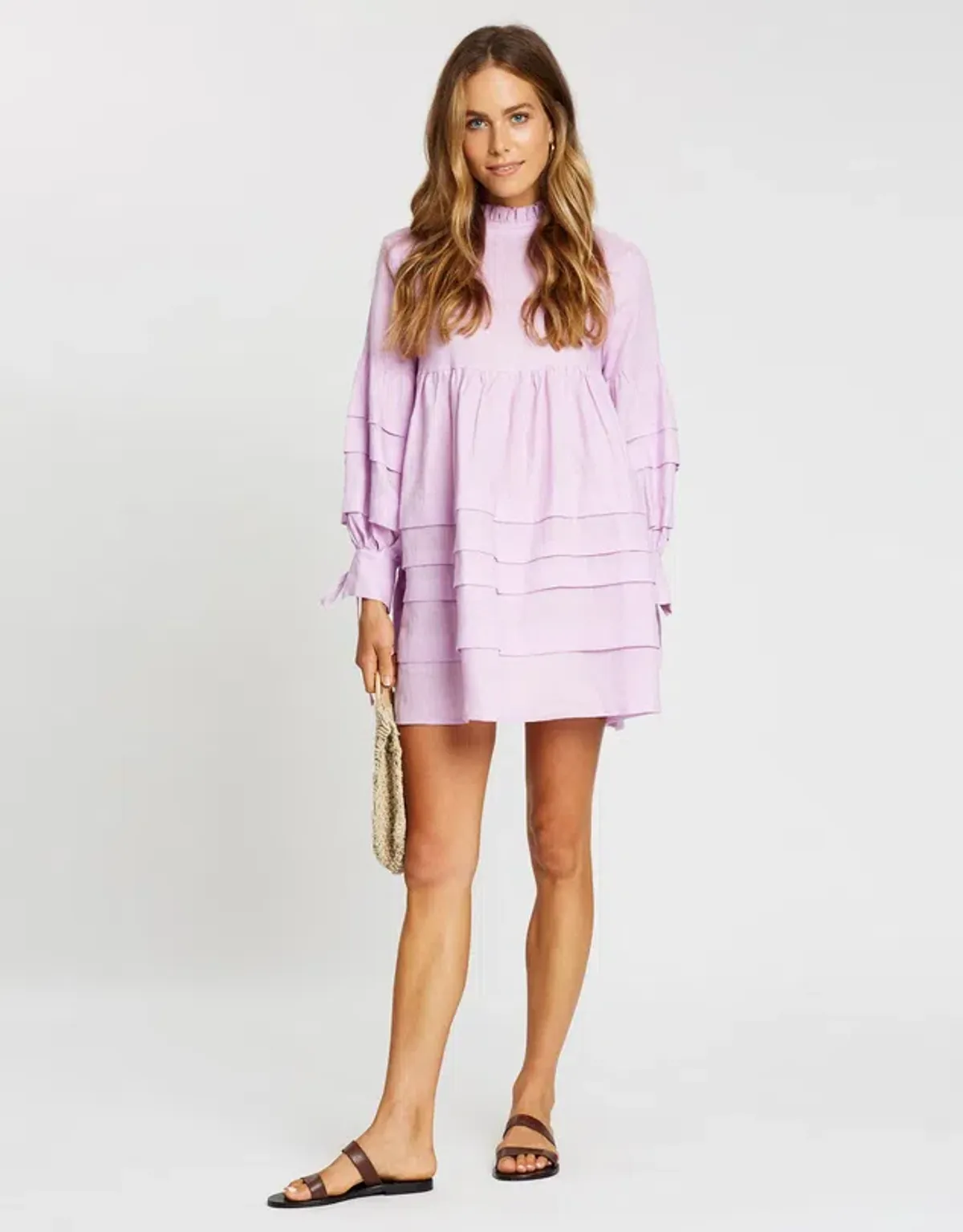 Aere Pleat Detail Linen Smock Dress Lilac Size 10 for rent on The Volte - main image
