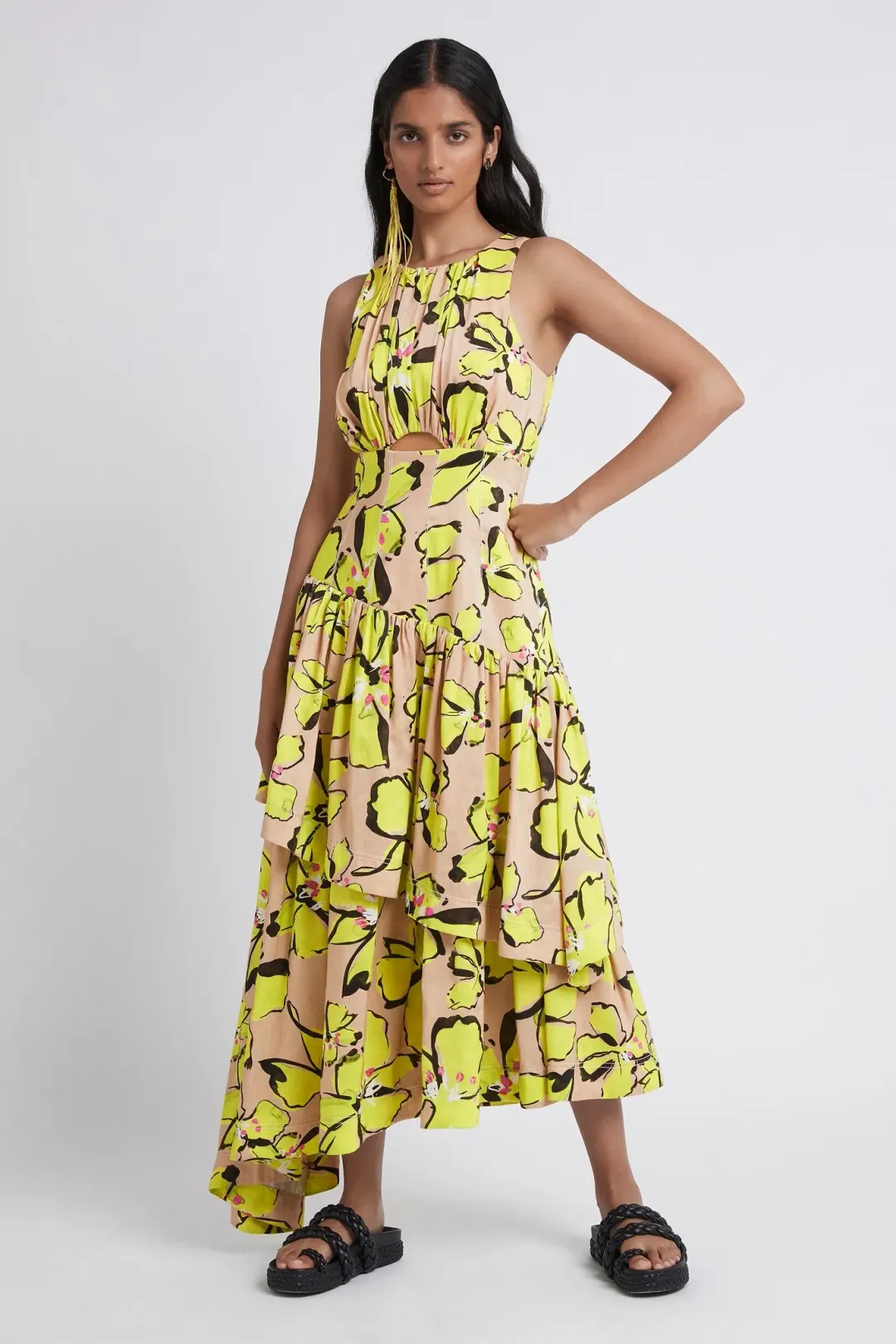 Aje Pelican Citrus Bloom Racer Asymmetric Tiered Dress Print Size 10 for rent on The Volte - main image