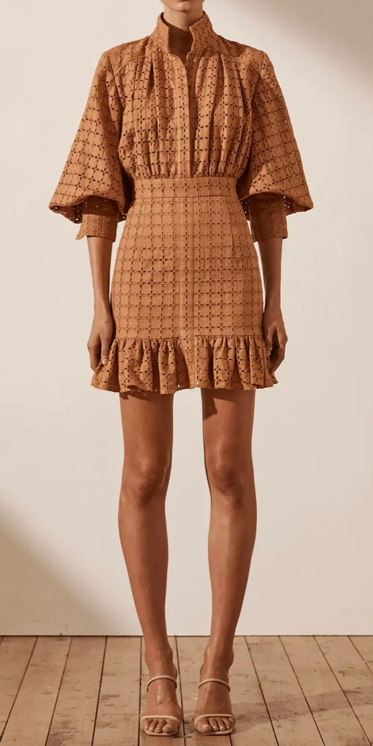 Shona Joy Penelope Balloon Sleeve Mini Dress Brown Size 6 - Image 1