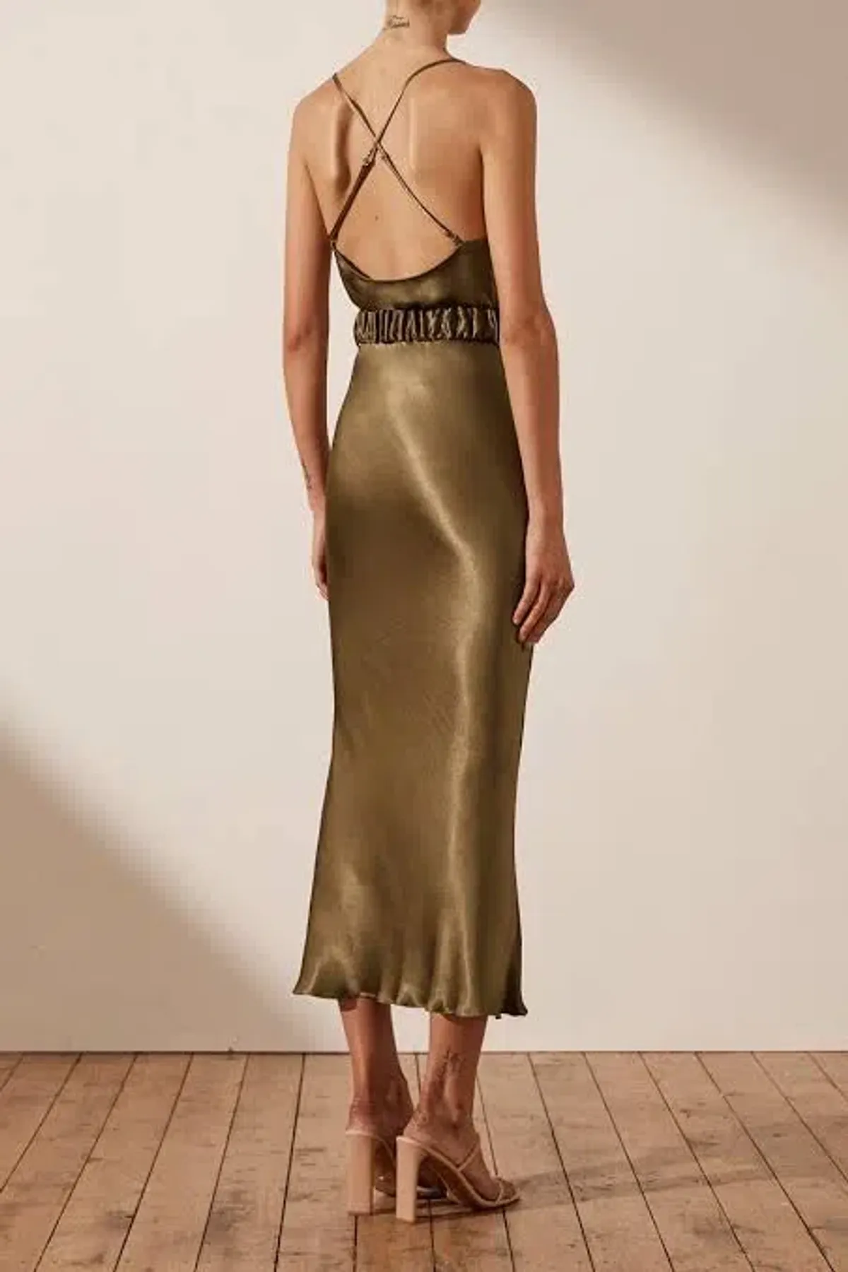 Shona Joy Gala Bias Midi Dress with Belt Warm Olive Green Size 8 - Image 2
