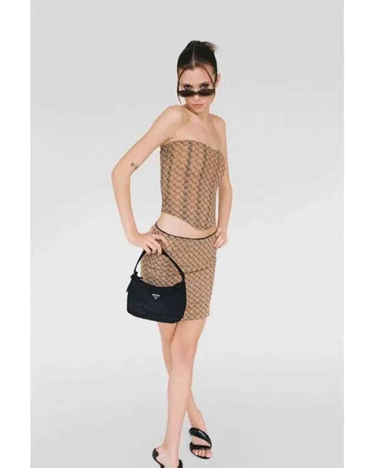 Miaou Peri Corset And Mini Moni Skirt In Nude Monogram Size 8 for rent on The Volte - main image