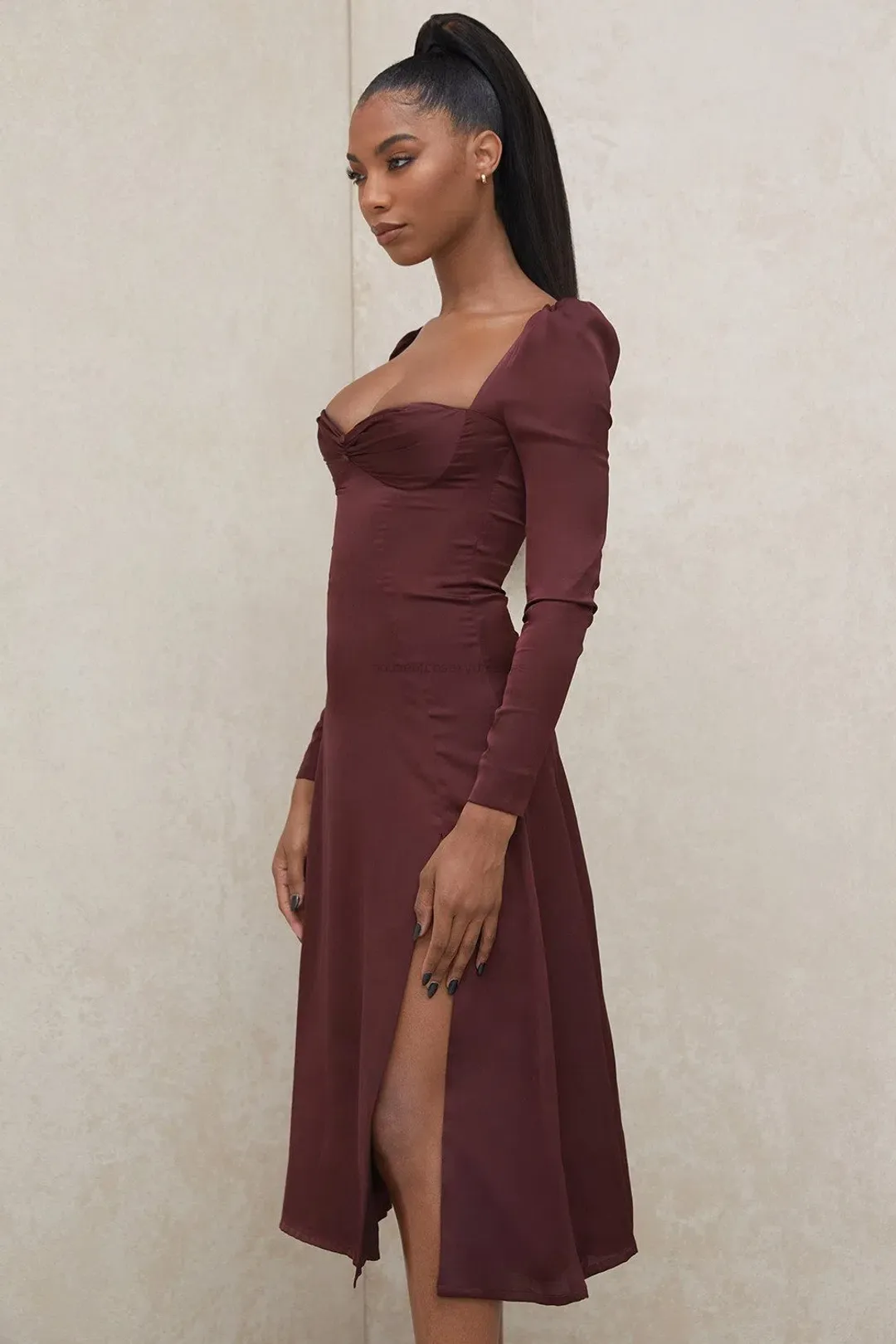 House of CB Arlinda Long Sleeve Midi Dress Brown Size 10 for rent on The Volte - main image