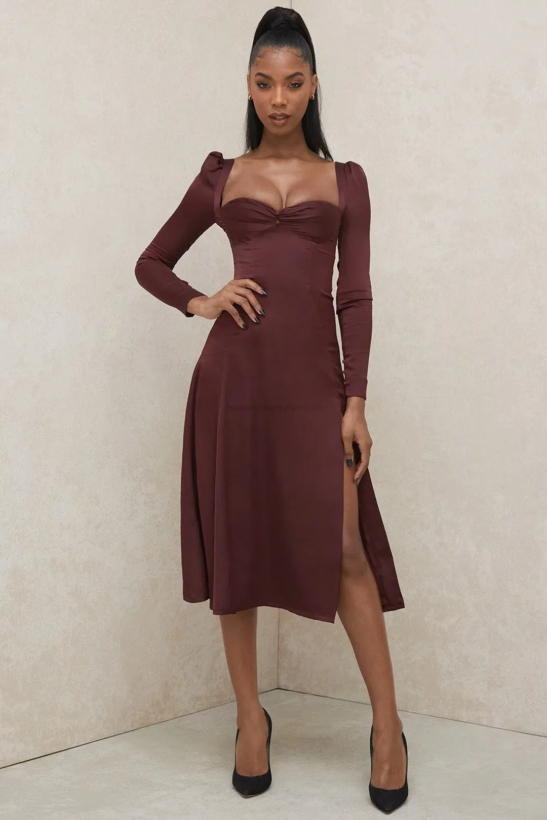 House of CB Arlinda Long Sleeve Midi Dress Brown Size 10 for rent on The Volte - main image