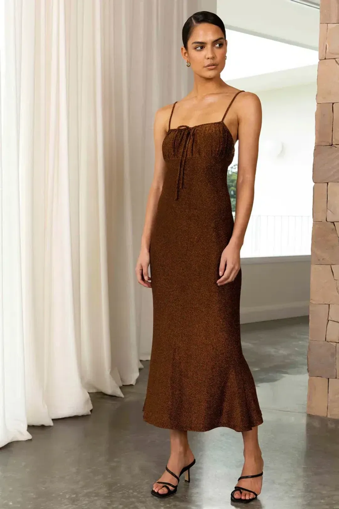 Misha Pearl Midi Dress in Copper Brown Size 8 for rent on The Volte - main image