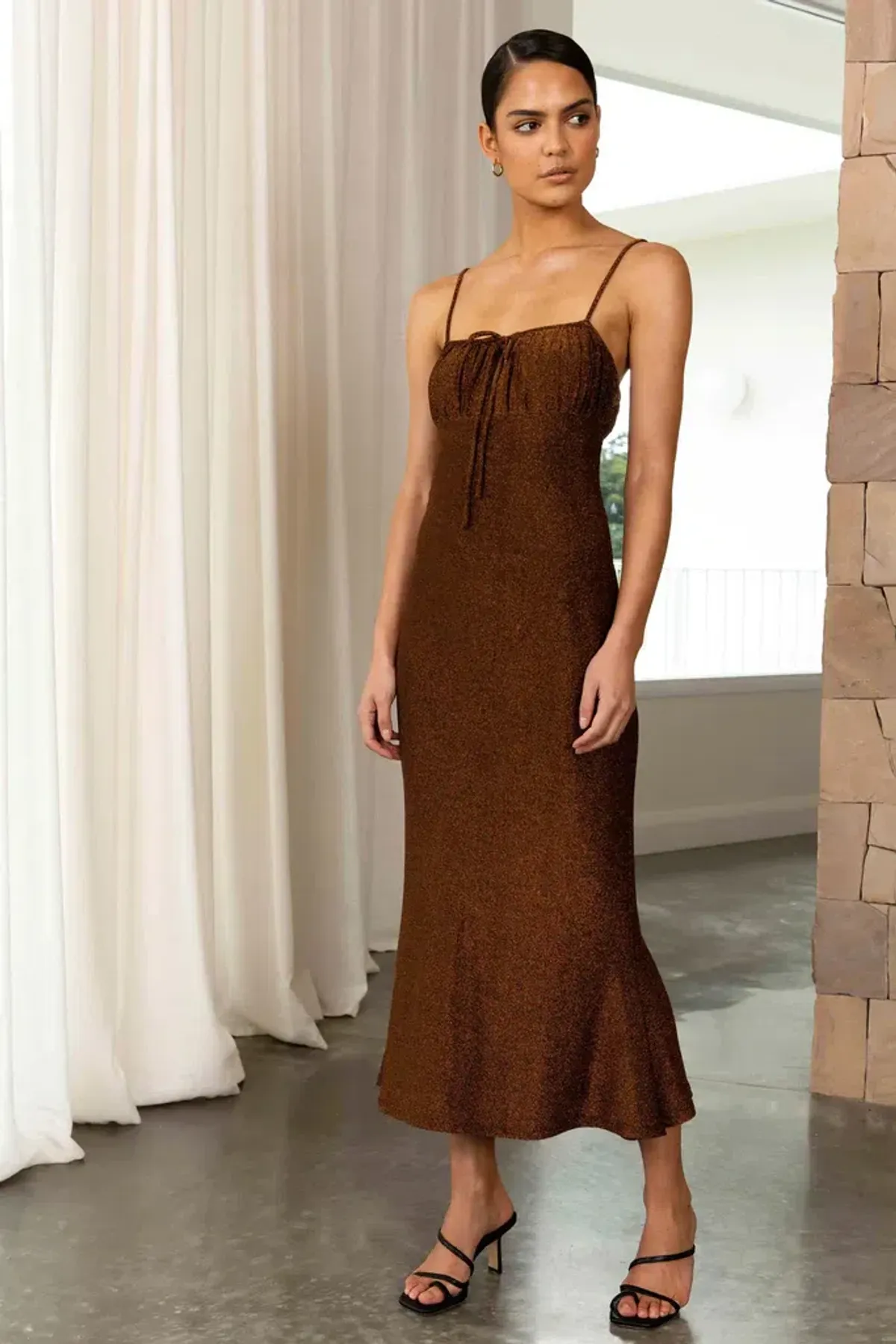 Misha Pearl Midi Dress in Copper Brown Size 8 for rent on The Volte - main image