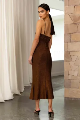 Misha Pearl Midi Dress in Copper Brown Size 8 for rent on The Volte - image 2