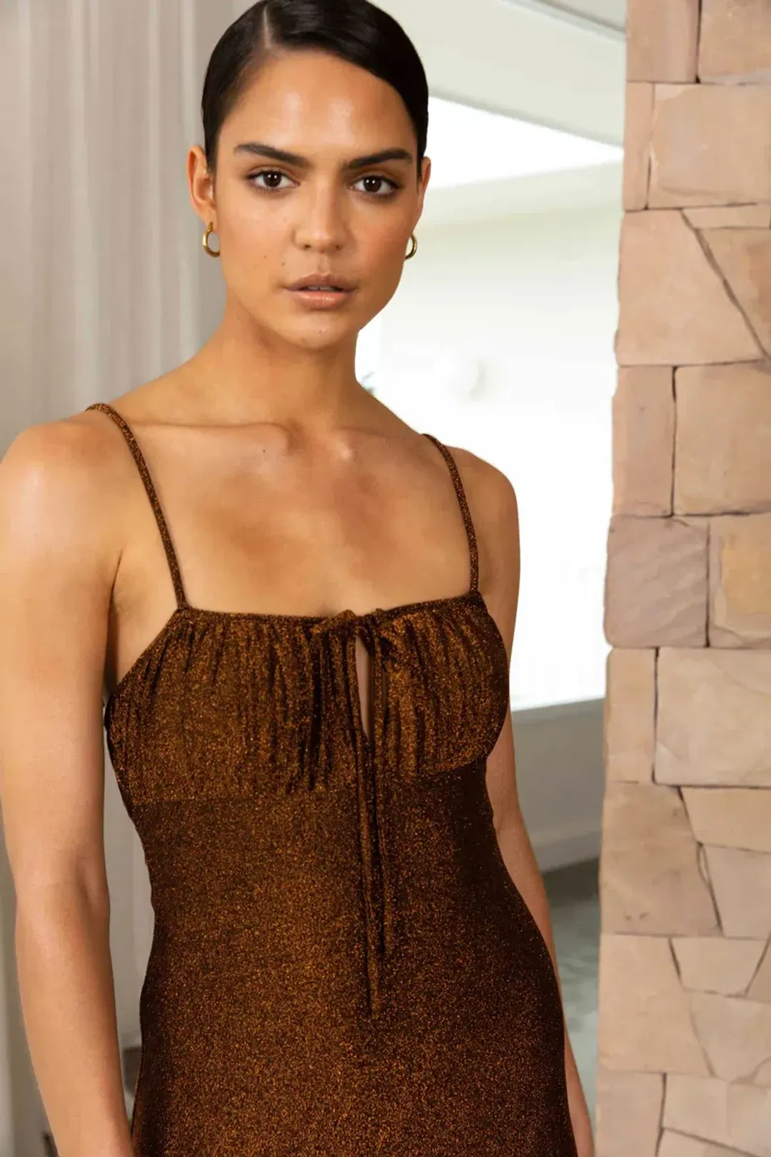 Misha Pearl Midi Dress in Copper Brown Size 8 for rent on The Volte - main image