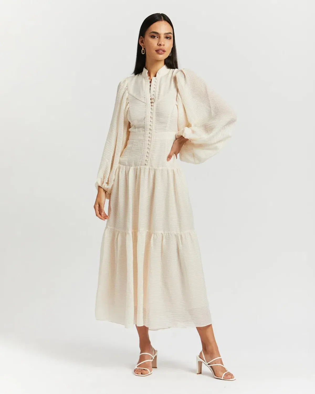 Shona Joy Charlotte High Neck Midi Dress Ecru Cream Size 14 for rent on The Volte - main image