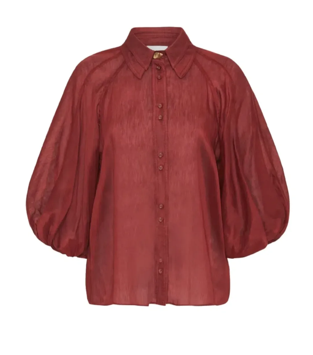 Aje Palms Puff Sleeve Shirt Burgundy Size 12 for rent on The Volte - main image