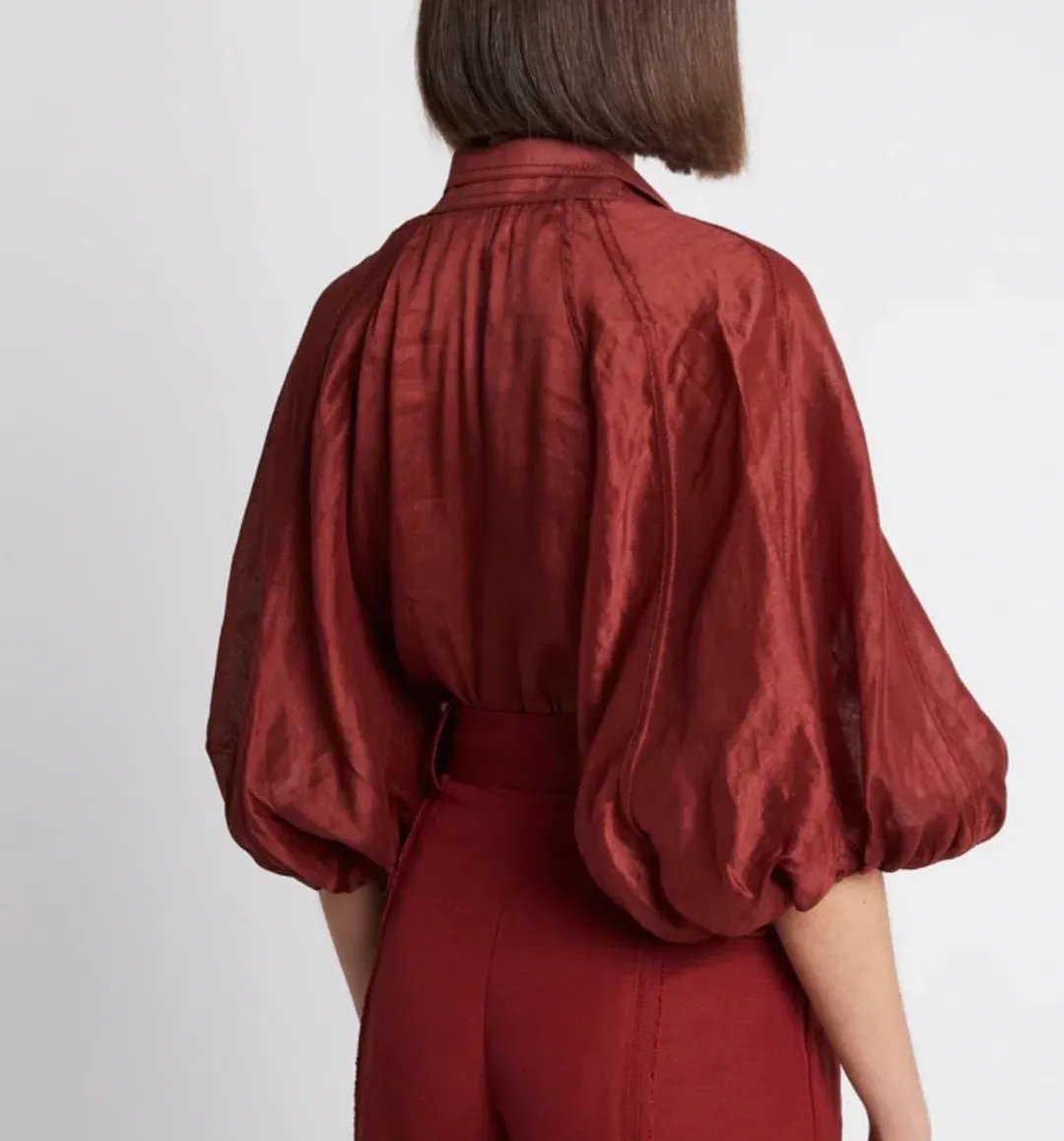 Aje Palms Puff Sleeve Shirt Burgundy Size 12 for rent on The Volte - main image