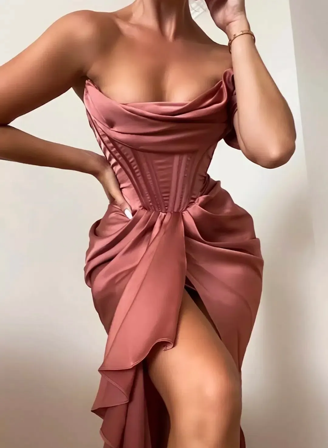 House of CB Janis Rouge Satin One-Shoulder Draped Midi Dress Pink Size 8 for rent on The Volte - main image