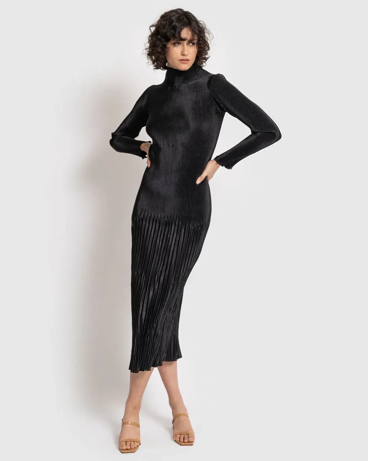 L’Idee Soirée Pleated Backless Long Sleeve Dress Black Size 8 for rent on The Volte - main image