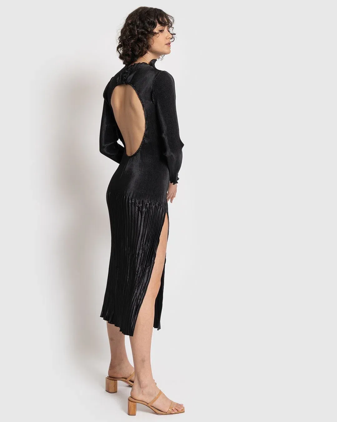 L’Idee Soirée Pleated Backless Long Sleeve Dress Black Size 8 for rent on The Volte - main image