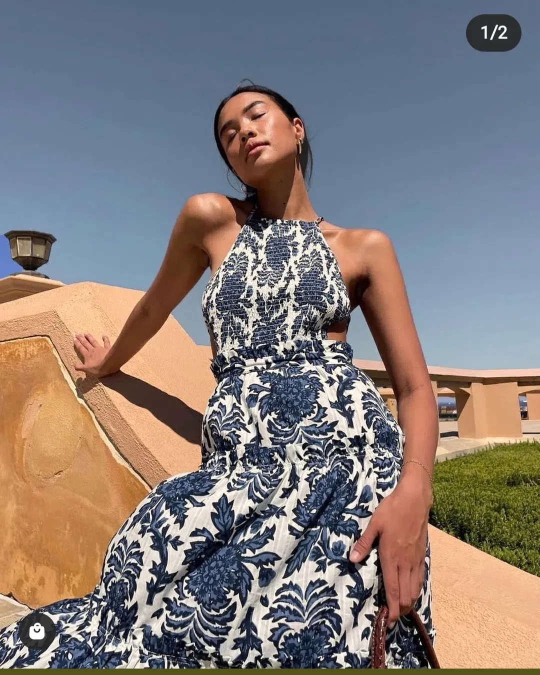 Shona Joy Diana Shirred Backless Midi Dress Print Size 6 for rent on The Volte - main image