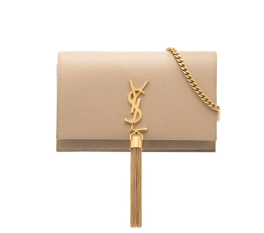 Saint Laurent Kate Textured Leather Handbag with Gold Tassel Beige for rent on The Volte - main image