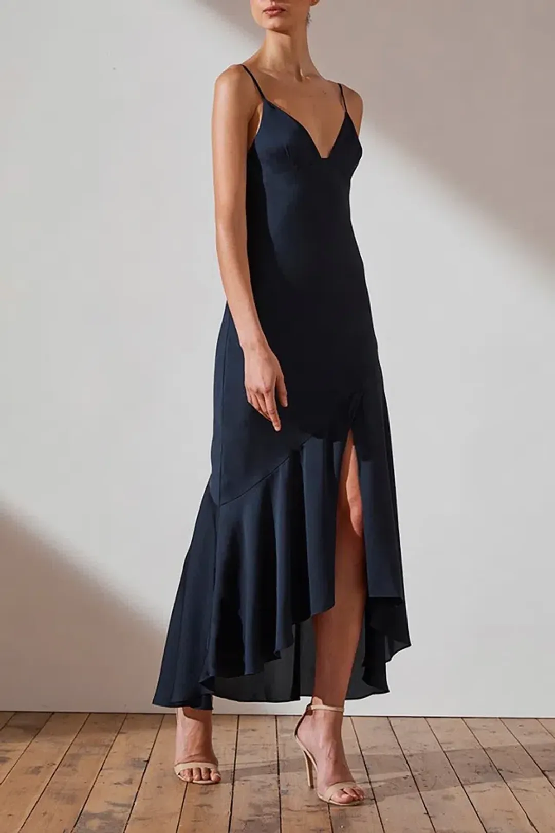 Shona Joy Luxe Bias Asymmetrical Slip Dress Navy Size 6 for rent on The Volte - main image