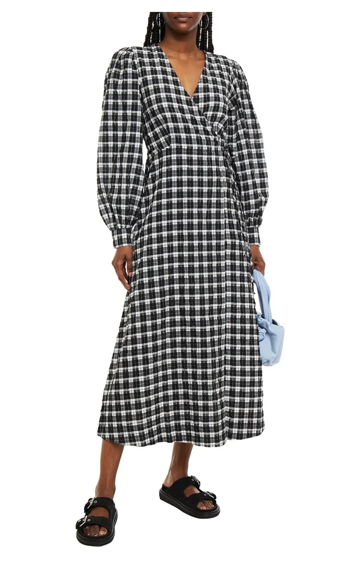 Ganni Seersucker Check Wrap Dress Print Size 8 for rent on The Volte - main image