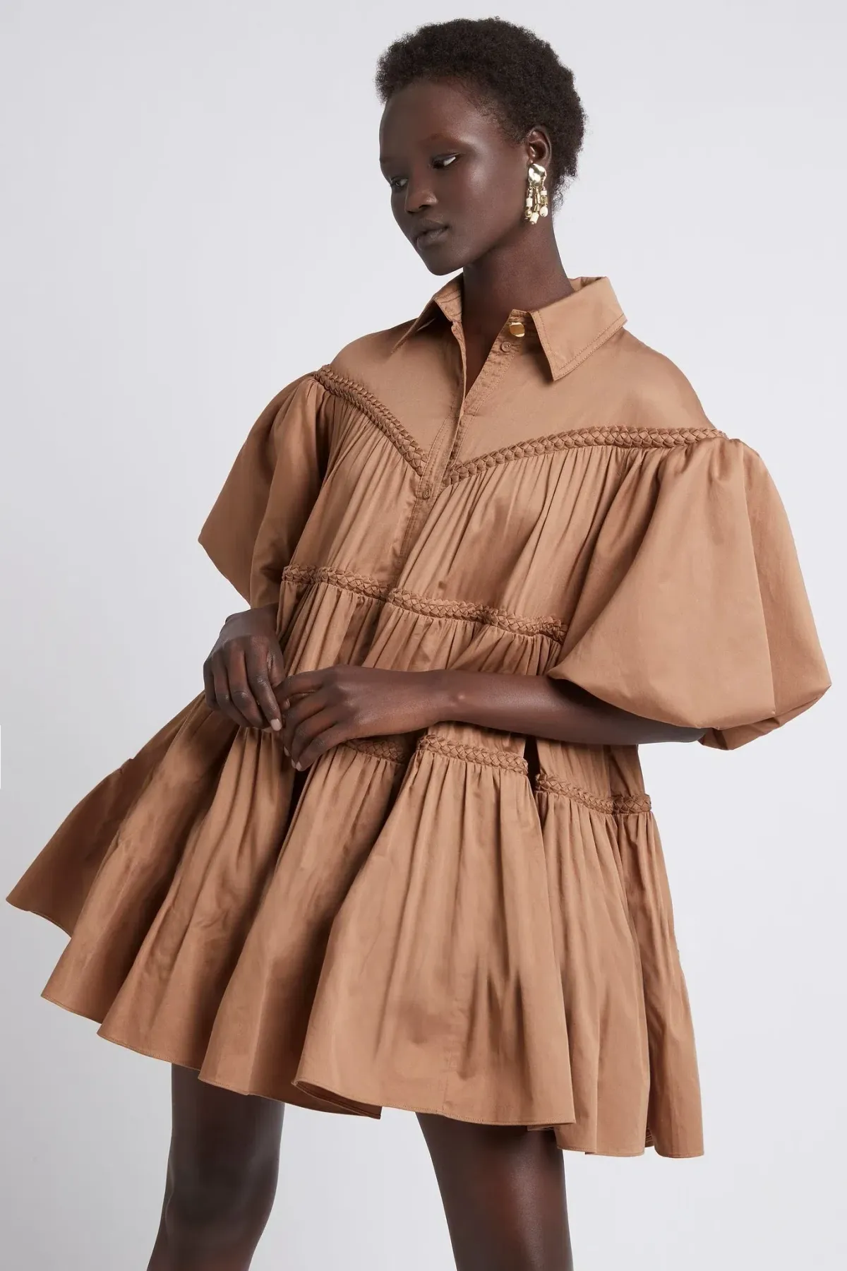 Aje Casabianca Puff Sleeve Shirt Smock Dress Walnut Brown Size 8 - Image 4