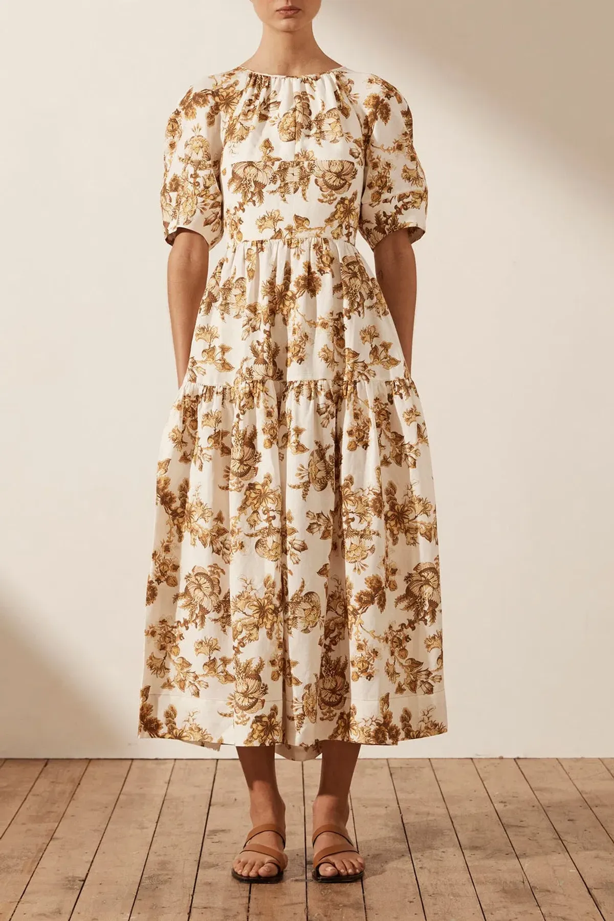 Shona Joy Bella Linen Short Sleeve Open Back Midi Dress Print Size 10 - Image 1
