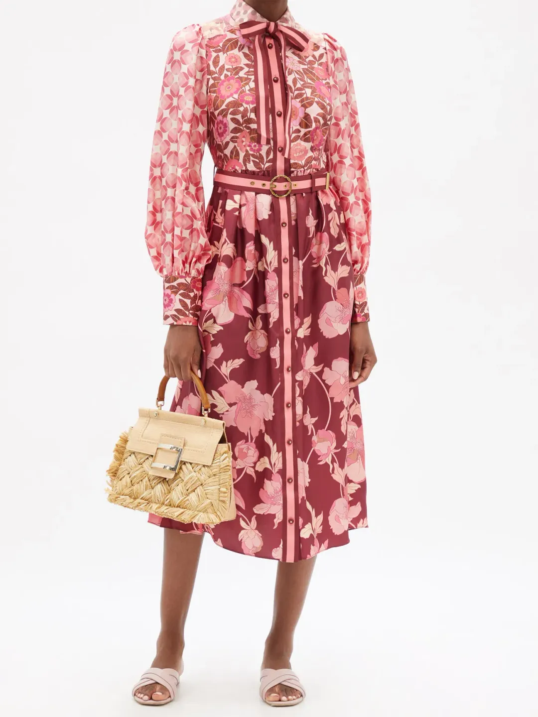 Zimmermann Concert Spliced Floral Silk Midi Dress Pink Print Size 14 for rent on The Volte - main image