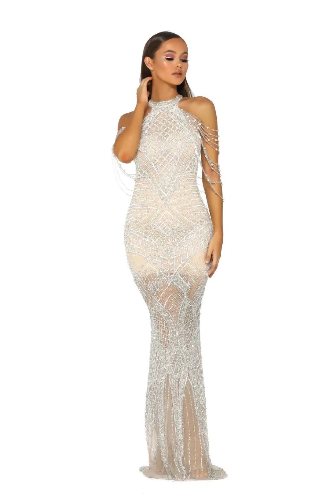 Portia and Scarlett Lilly Audrey Couture Gown Silver Crystal Beaded Size 12 for rent on The Volte - main image