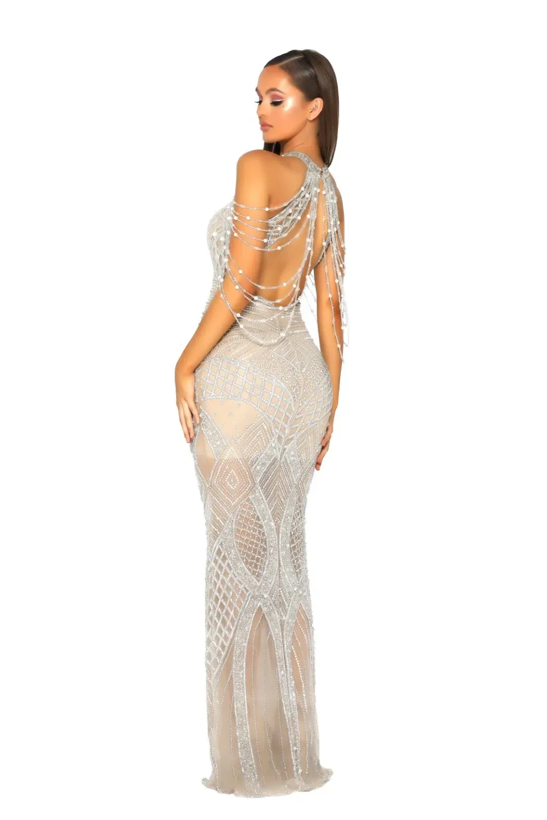 Portia and Scarlett Lilly Audrey Couture Gown Silver Crystal Beaded Size 12 for rent on The Volte - main image