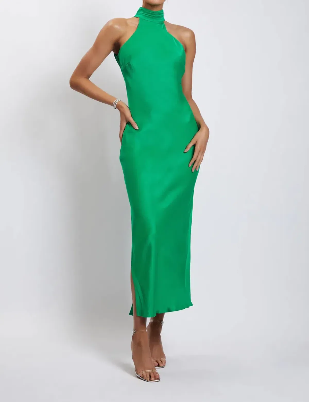 Meshki Claire Satin Drape Back Maxi Dress Green Size 8 for rent on The Volte - main image