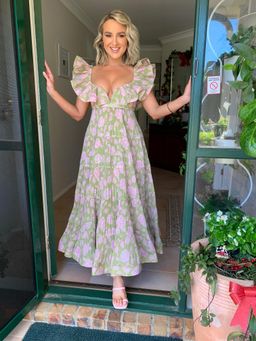 Zimmermann The Lovestruck Pleated Dress Olive/Pink Rose Size 1 / AU 10 for rent on The Volte - image 2