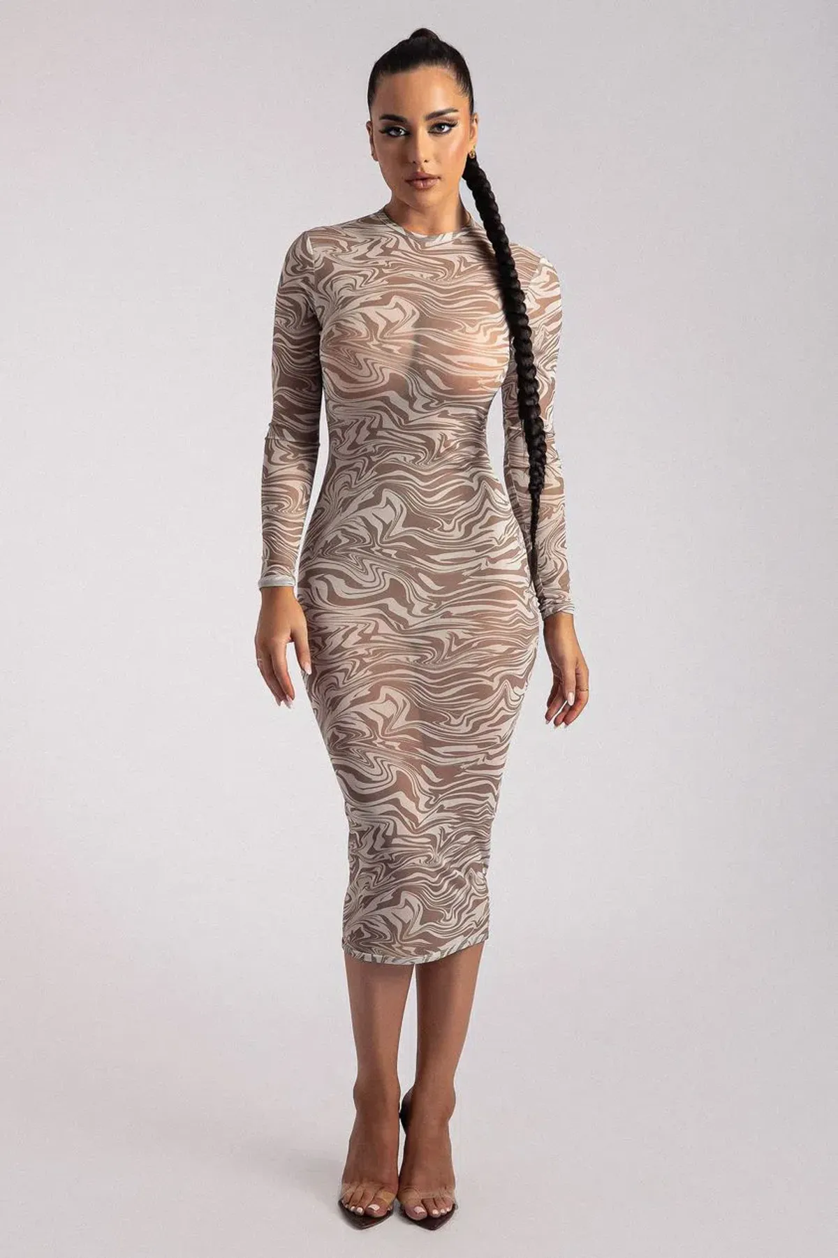 Meshki Bonnie Mesh Long Sleeve Midi Dress Retrograde Print Size 6 for rent on The Volte - main image