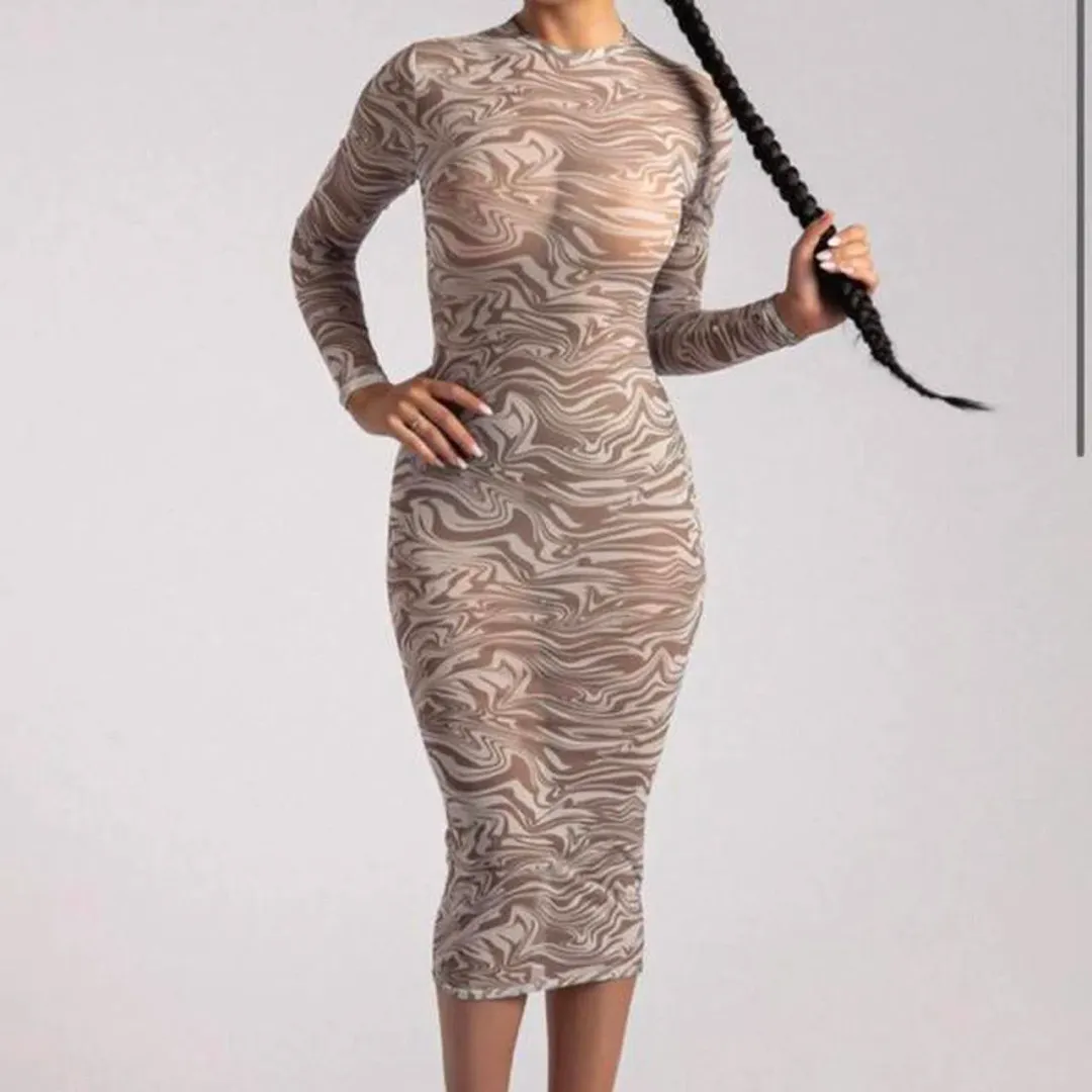 Meshki Bonnie Mesh Long Sleeve Midi Dress Retrograde Print Size 6 for rent on The Volte - main image