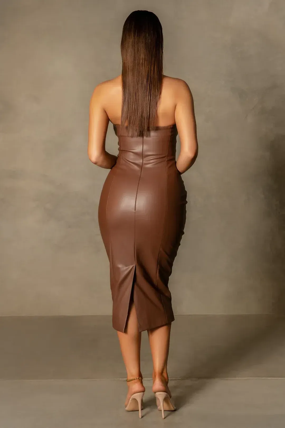 Meshki Pamela Strapless Faux Leather Dress Brown Size S for rent on The Volte - main image