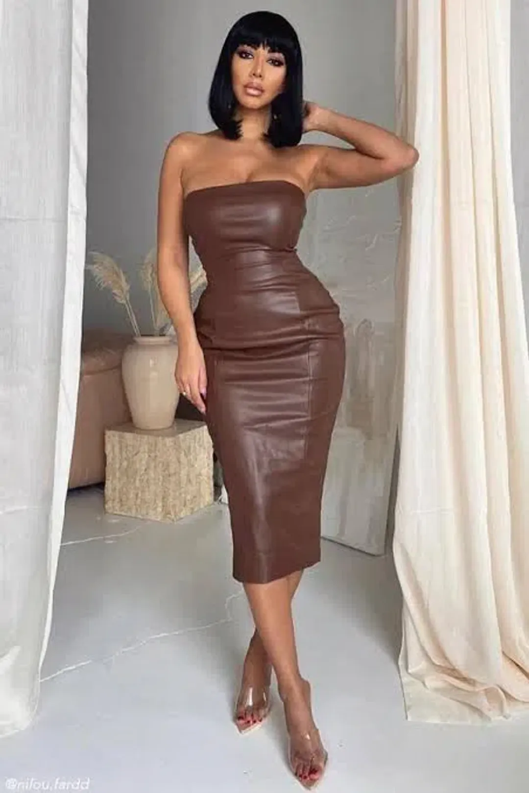 Meshki Pamela Strapless Faux Leather Dress Brown Size S for rent on The Volte - main image