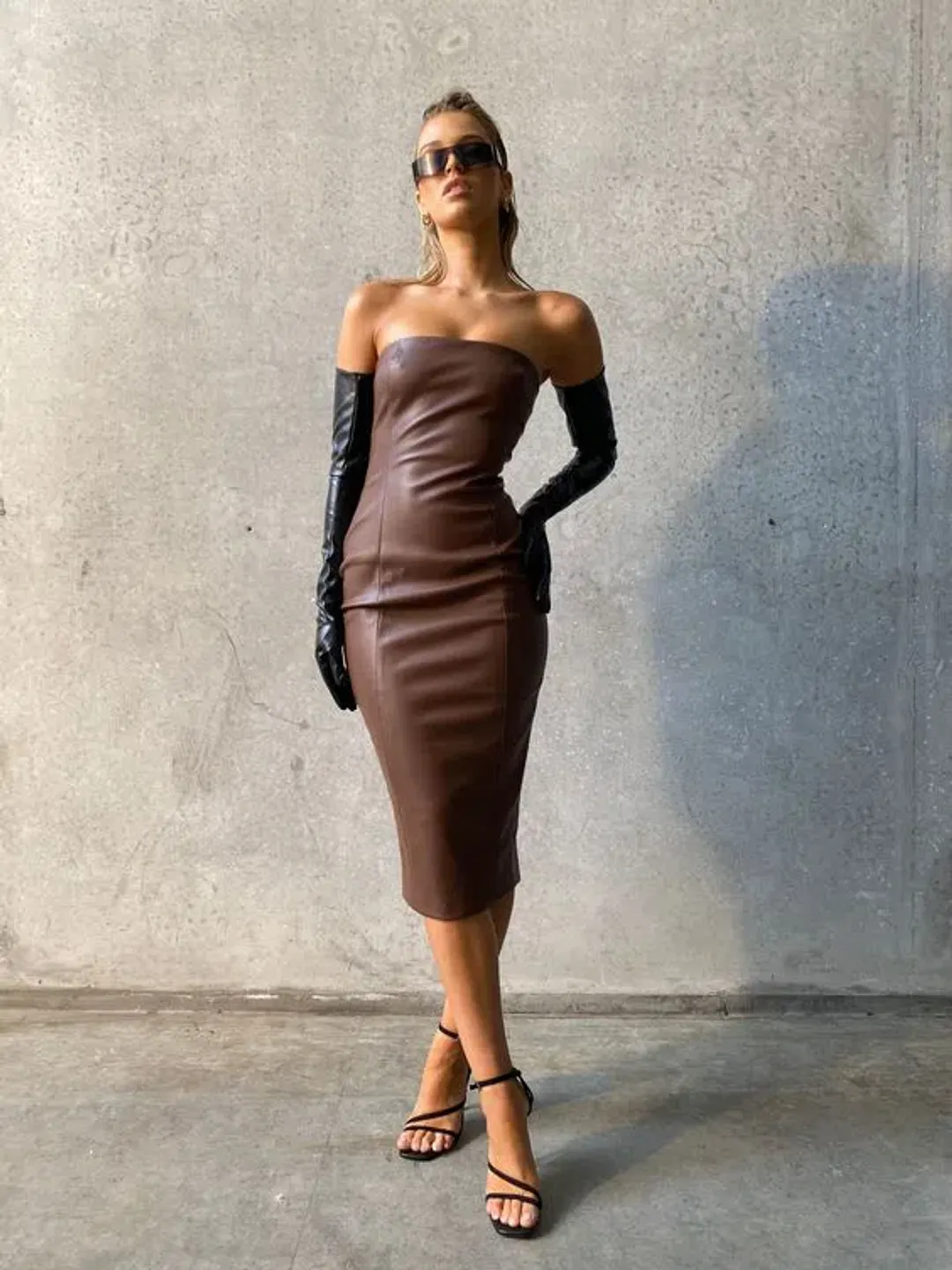 Meshki Pamela Strapless Faux Leather Dress Brown Size S for rent on The Volte - main image