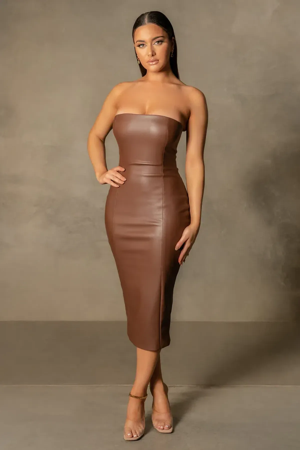 Meshki Pamela Strapless Faux Leather Dress Brown Size S - Image 1