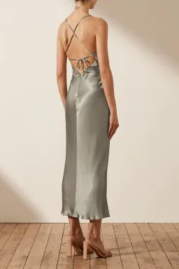 Shona Joy La Lune Asymmetrical Bias Cowl Midi Dress Sage Green Size 6 for rent on The Volte - image 2