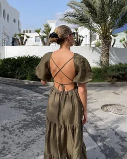 Shona Joy Bruna Linen Short Sleeve Backless Midi Dress Green Size 12 for rent on The Volte - image 4