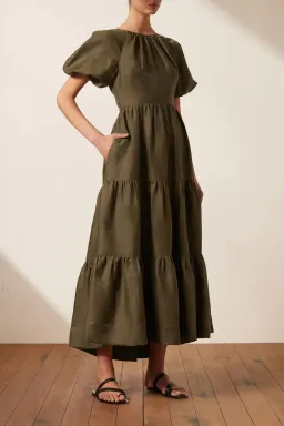 Shona Joy Bruna Linen Short Sleeve Backless Midi Dress Green Size 12 for rent on The Volte - image 1