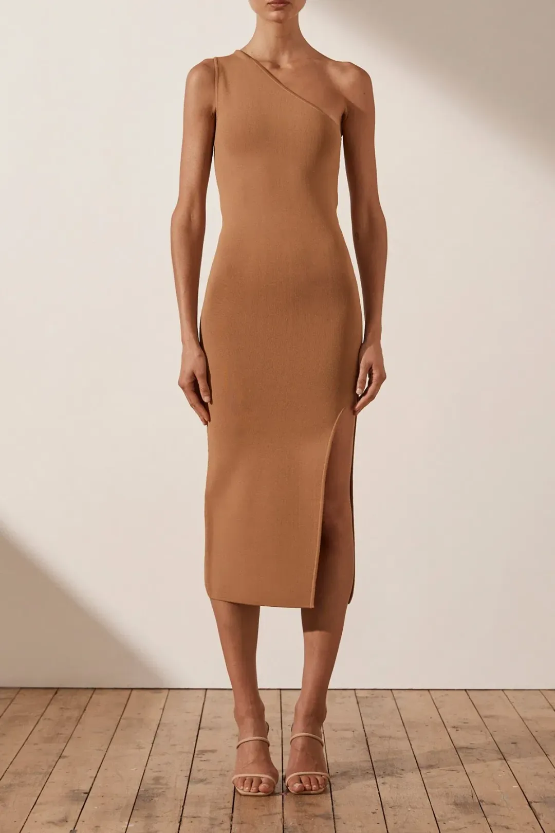 Shona Joy Basic One Shoulder Midi Dress in Tan Nude Size S for rent on The Volte - main image