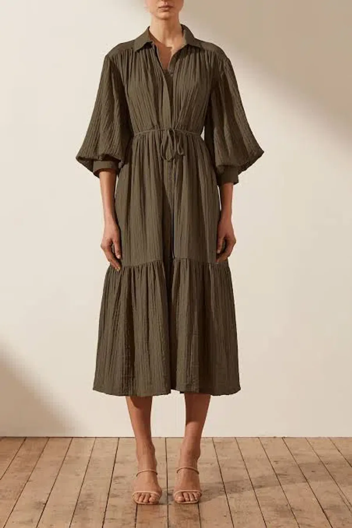 Shona Joy Mila Button Up Tiered Midi Dress Green Size 8 for rent on The Volte - main image