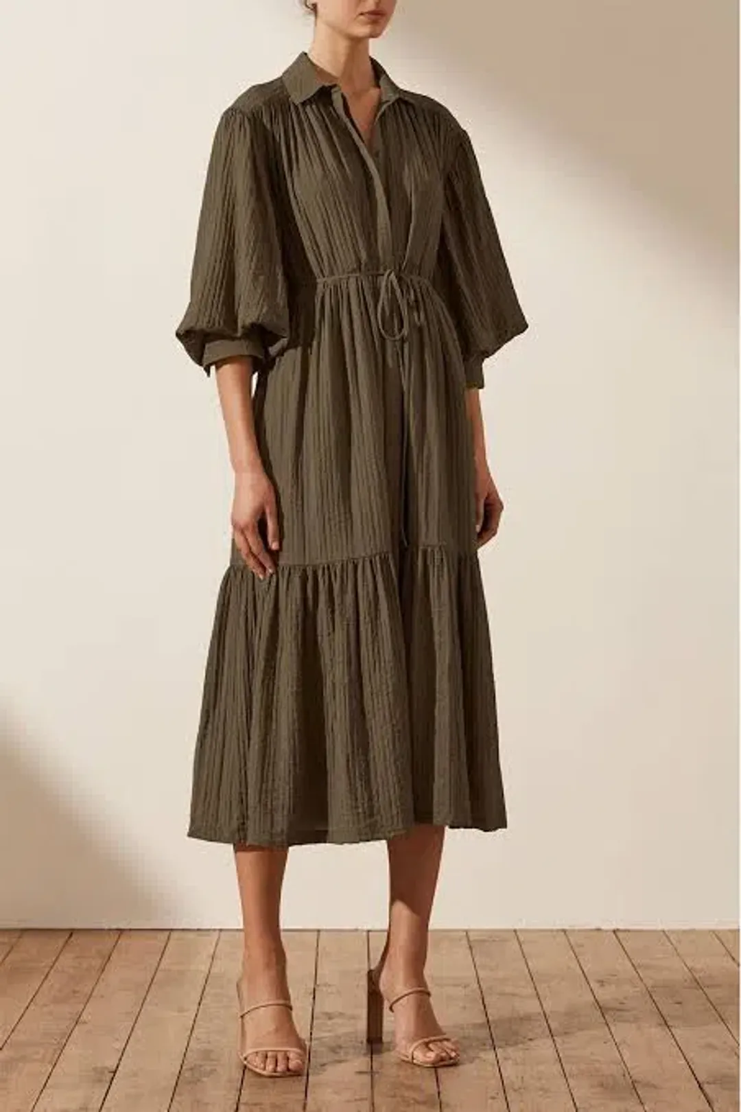 Shona Joy Mila Button Up Tiered Midi Dress Green Size 8 for rent on The Volte - main image