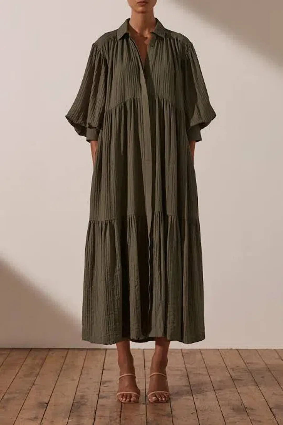Shona Joy Mila Button Up Tiered Midi Dress Green Size 8 for rent on The Volte - main image