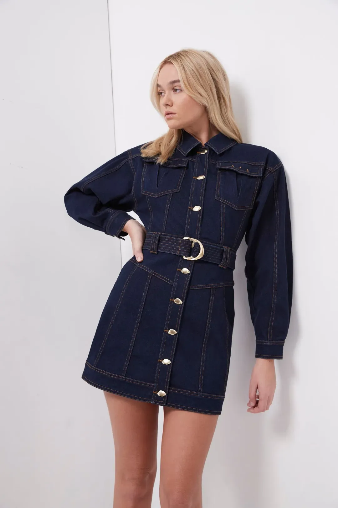 Aje Philia Belted Denim Mini Dress Blue Size 6 for rent on The Volte - main image
