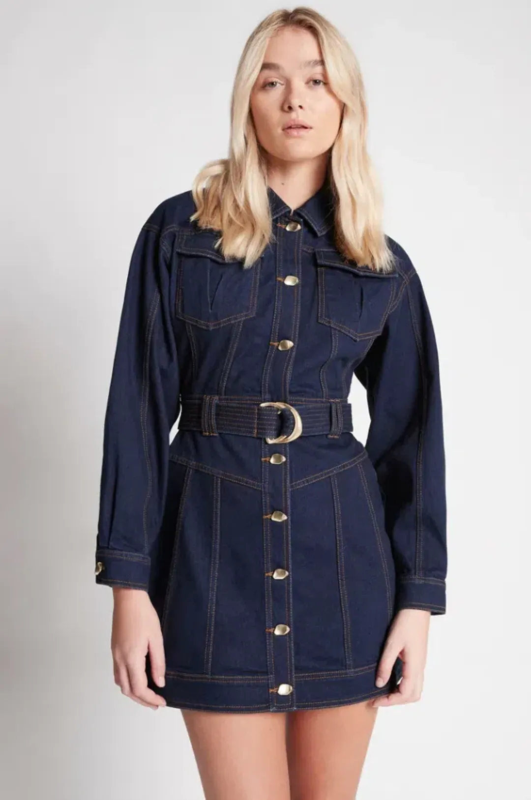 Aje Philia Belted Denim Mini Dress Blue Size 6 for rent on The Volte - main image