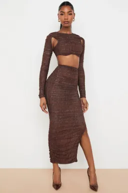 House of CB Blythe Chocolate Print Ruched Mesh Cut Out Cropped Top & Laverne Chocolate Print Ruched Maxi Skirt Brown Size 6 for rent on The Volte - image 4
